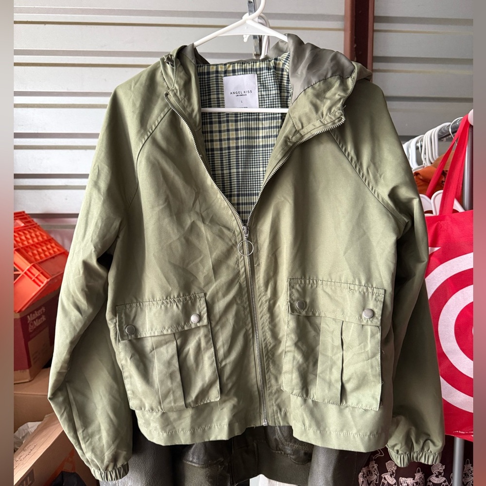 Angel Kiss Olive Green Rain Jacket with Plaid Lining